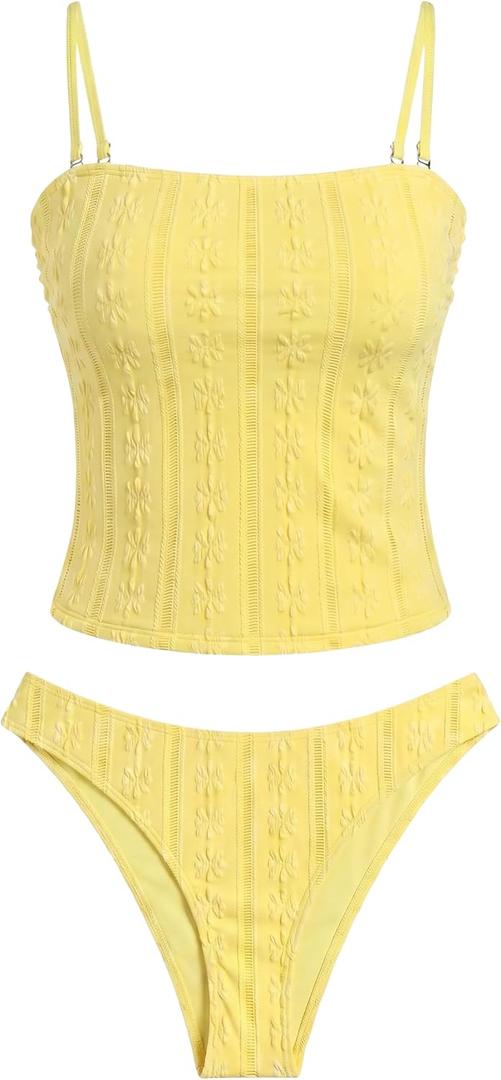 ZAFUL Women's Bandeau Tankini Swimsuits Floral Tummy Control Bathing Suit | Y2k Tankini Set, Cropped Strapless Top, High Cut Bottom, Polka Dots, Cute Swimsuit, Two Piece Bathing Suits, Large