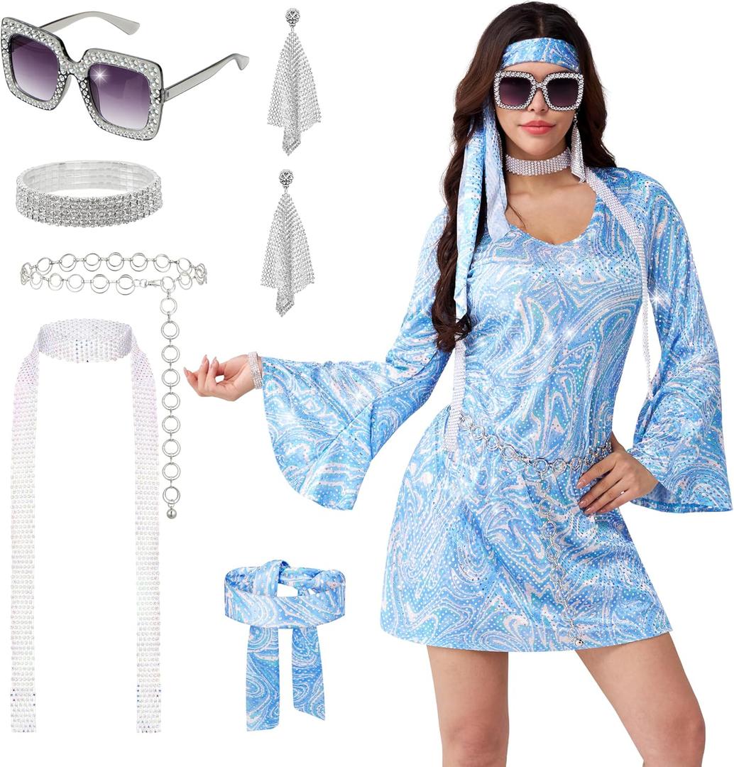 Spooktacular Creations 70s Disco Outfits for Women, Halloween Dress with 70s Accessories for Halloween Costumes Dance Party (Small, Blue)