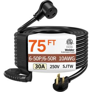 75FT 30 Amp 10 Gauge 3 Prong Welder Extension Cord, NEMA 6-50P to NEMA 6-50R, Heavy Duty 250V Welding Extension Cable for Lincoln, Plasma, Miller, SJTW, ETL Listed