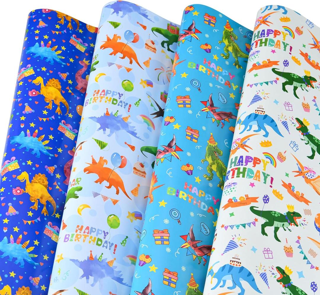 2 x Titiweet Dinosaur Birthday Wrapping Paper, 6 Large Sheets, 39.4 x 27.6 Inches Each, Dinosaur Birthday Gift Wrap