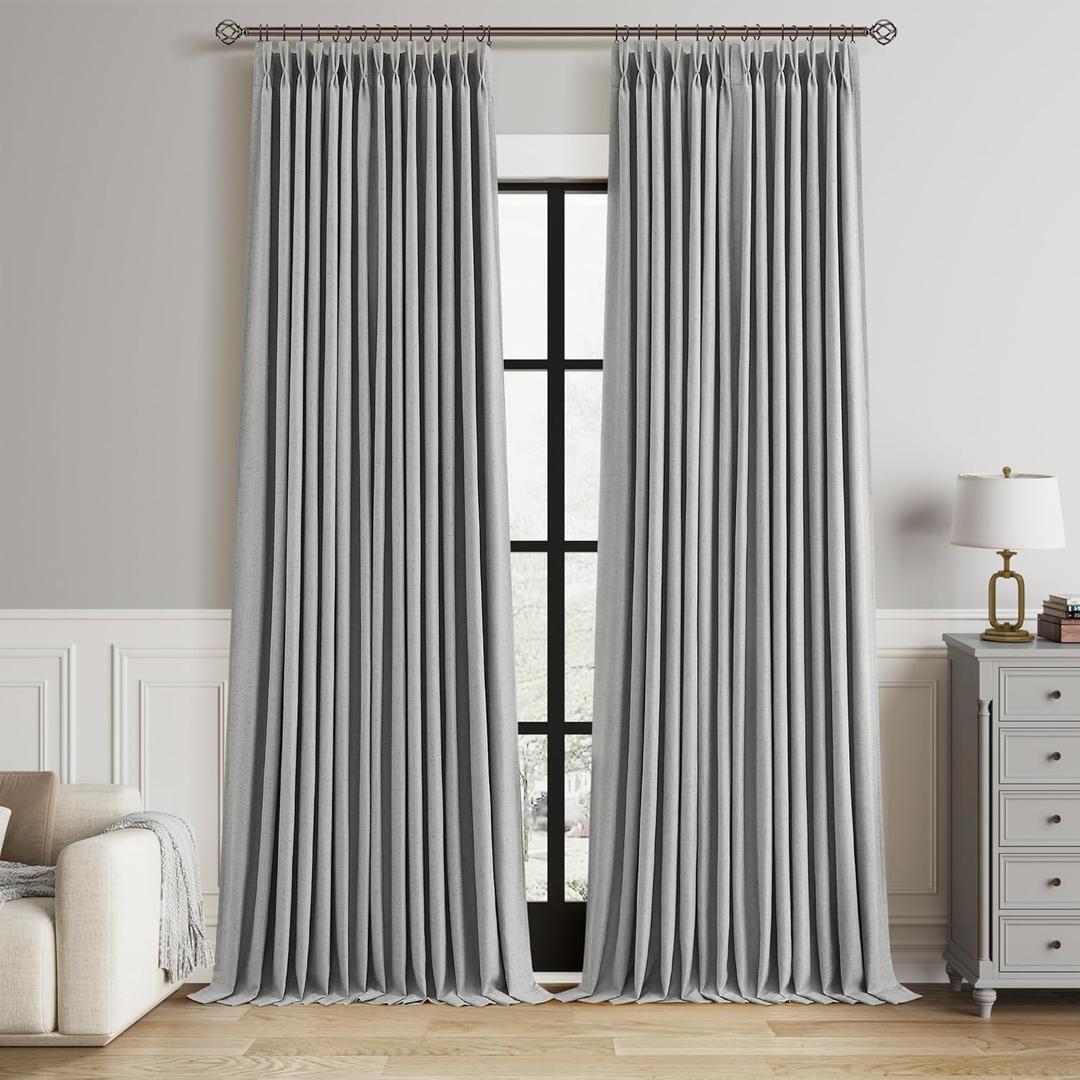 Dark Grey Pinch Pleated Linen 100% Blackout Curtains for Men Bedroom Room Darkening Thermal Insulated Black Out Pinch Pleat Drapes for Living Room Window 108 Inch Length 2 Panels Set Charcoal