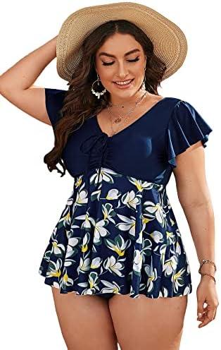 MakeMeChic Women's Plus Size Tankini Swimsuit Ruffle Sleeve Two Piece Bathing Suit 3XL