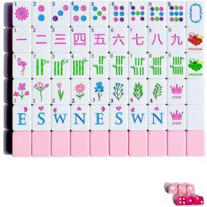 Mahjong Tile Set 160 1.2-inch Engraved Acrylic American Mahjong Tiles Game Set with Bag Cute Mini Mah Jongg Sets with Travel Bags Accessories Pink