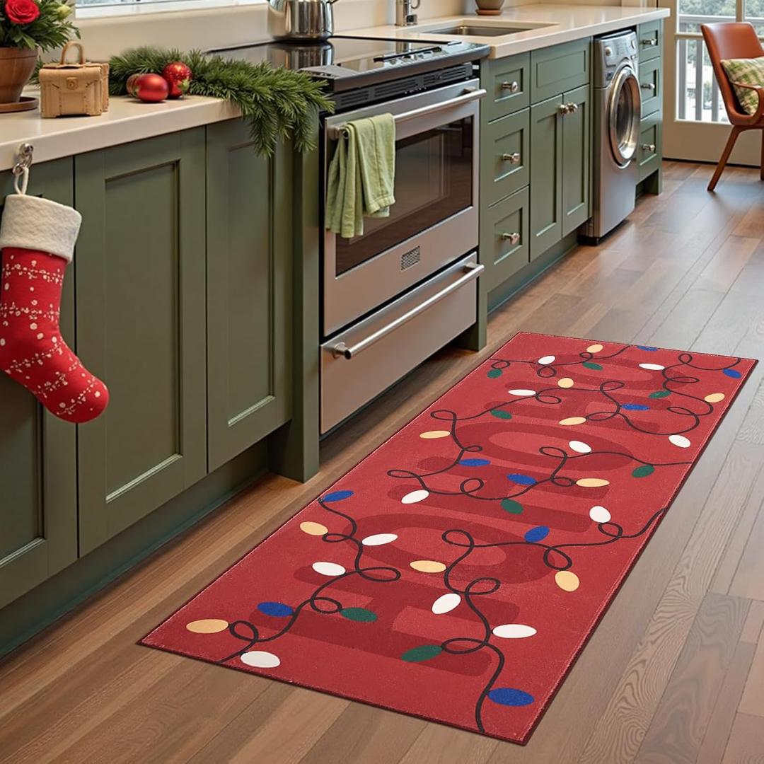 jinchan Jingle Lights Christmas Runner Rug 2x5 for Kitchen Red Holiday Rug for Hallway Bathroom Colored String Lights Pattern Xmas Decor Washable Runner for Entryway Laundry Room Bedroom Non-Slip