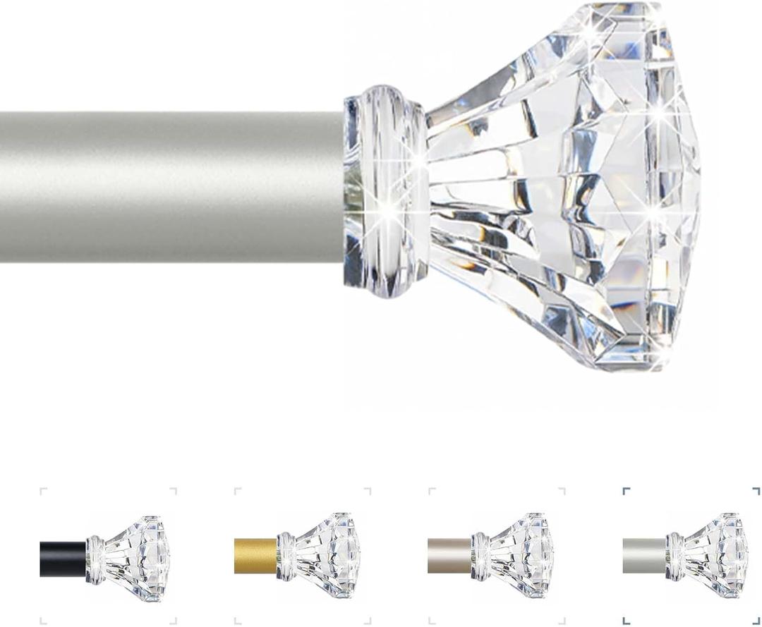 TVWOO Silver Decorative Crystal Curtain Rods 18 to 45 Inch:Heavy Duty Adjustable Window Curtains Rods for Living Room Bedroom,Nickel Modern Girly Acrylic Drapery Rod with Clear Bling Diamond Finials