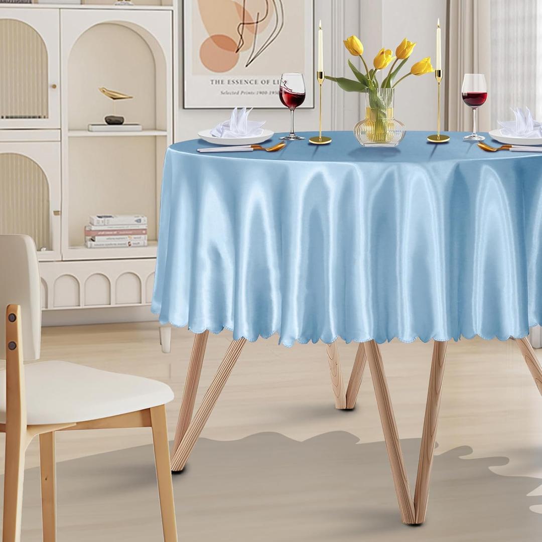 1 Pack 60 Inch Round Satin Tablecloth Light Blue Satin Table Cover, Overlay Silky Tablecloth Dining Table Cloths for Wedding, Party, Banquet, Events, Reception, Dinner