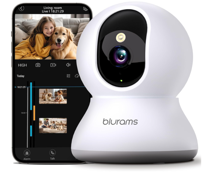 Security Camera 2K, blurams Baby Monitor Dog Camera 360-degree for Home Security w/Smart Motion Tracking, Phone App, IR Night Vision, Siren, Works with Alexa & Google Assistant & IFTTT, 2-Way Audio