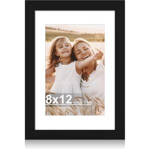 Hongkee 8x12 Picture Frame with Glass, Display Pictures 6x9 with Mat or 8 x 12 without Mat - Wall and Tabletop, 8 by 12 Photo Wooden Frames (Black, 1 Pack)
