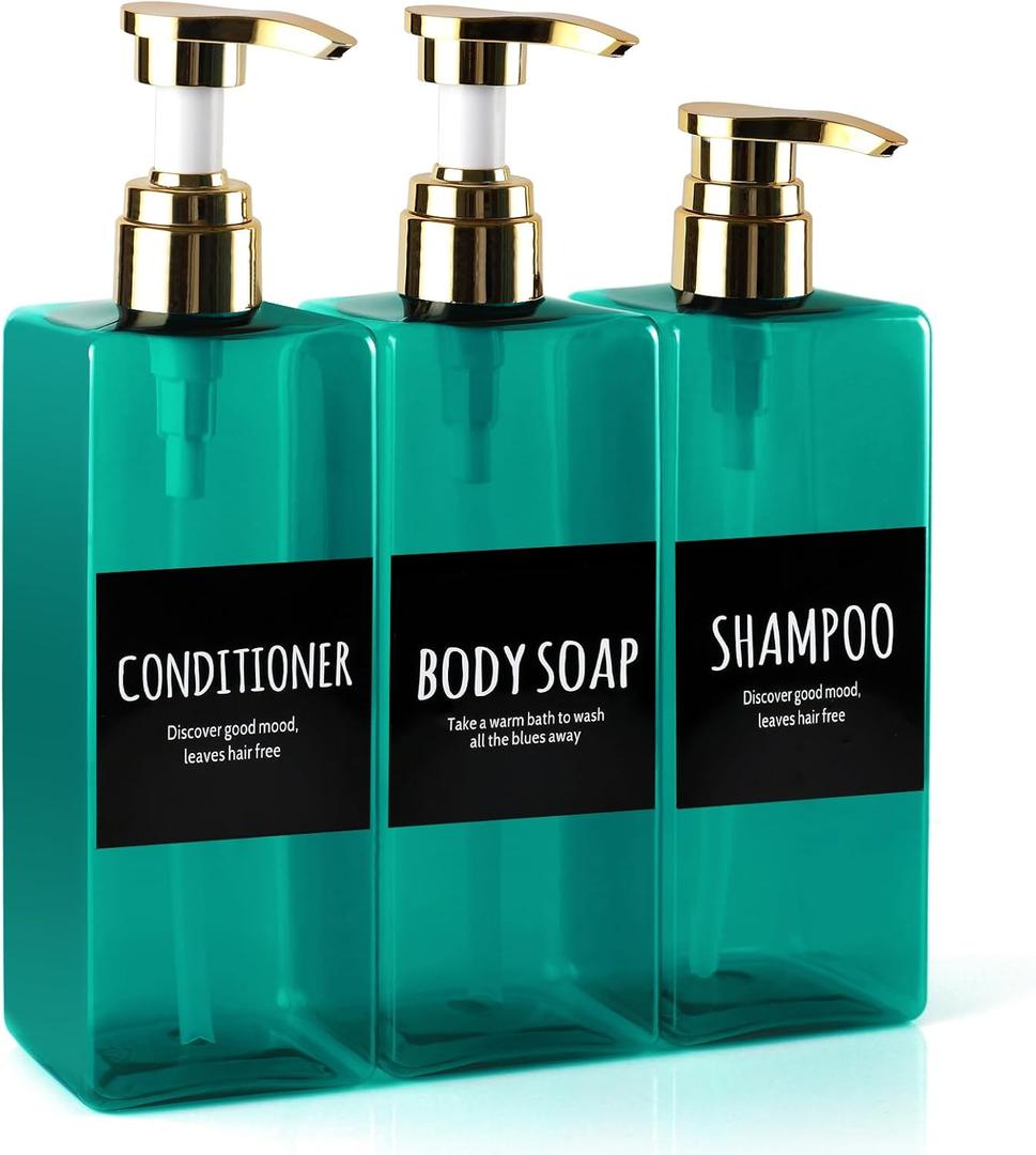 Soap Dispensers, 16.9oz Plastic Bottles with Gold Pumps & Waterproof Labels for Shampoo, Hand Soap, Body Wash - Ideal for Bathroom, Kitchen, Living Room, Set of 3 (Green)