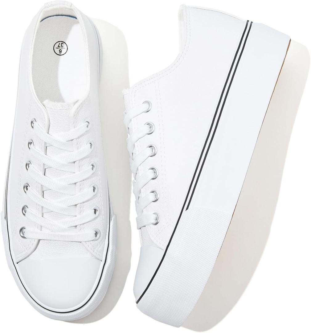 Rominz Women's White Platform Sneakers PU Leather Platform Shoes Classic Black Low Top Sneakers Casual Walking Shoes for Women (7.5)