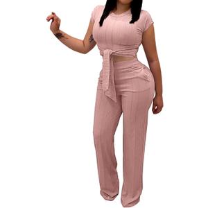 EDITCOZY Women 2 Piece Outfits Sexy Tie Front Crop Top Wide Leg Pants Sets Casual Summer Ribbed Two Piece Set (Small, Pink)