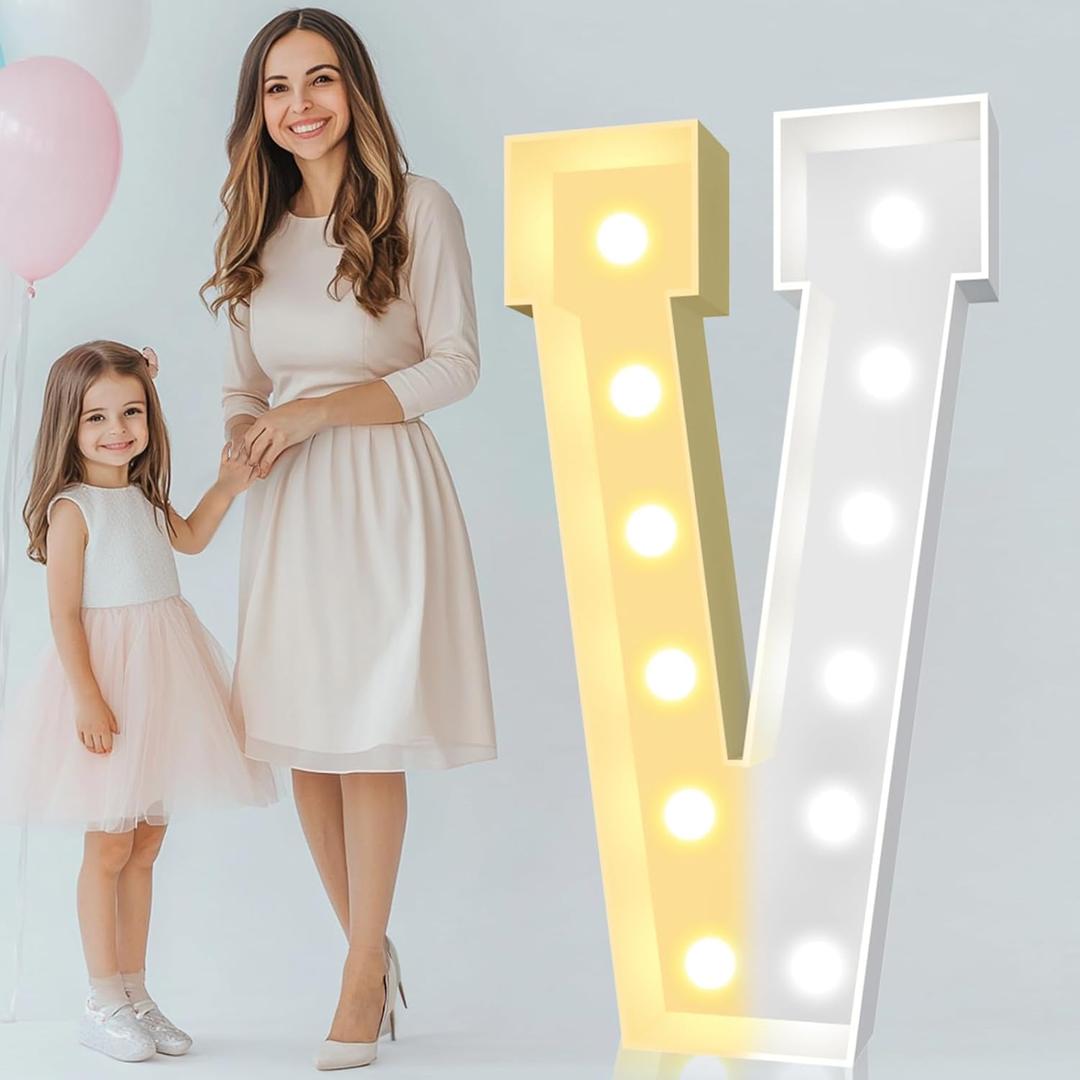 Pooqla 4 FT Marquee Light Up Letters, Cool White and Warm White Giant LED Sign Marquee Letter 4 Feet TallBig Mosaic Letter V for Balloons Birthday Party Anniversary Wedding Decorations