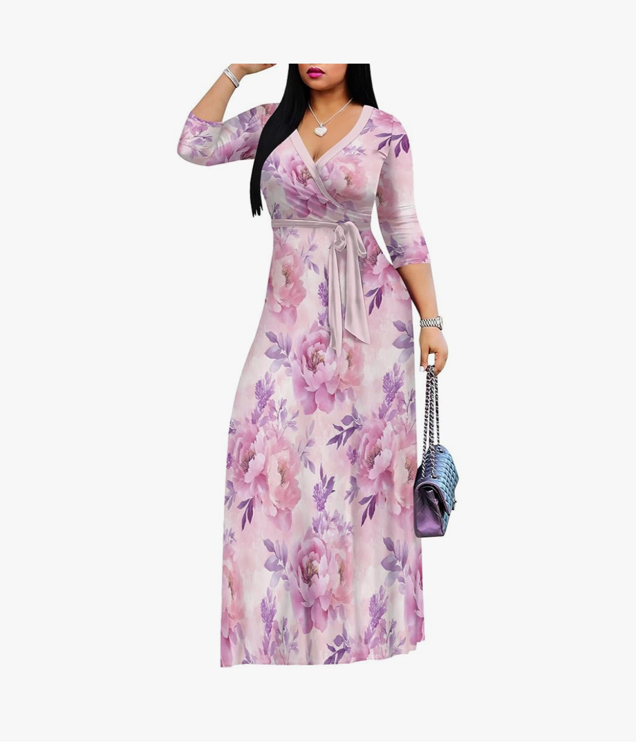 PinkPatty Women's Plus Size Maxi Dresses 3/4 Sleeves Bohemian Long Dress Printed Swing Dress with Belt , Size 2XL