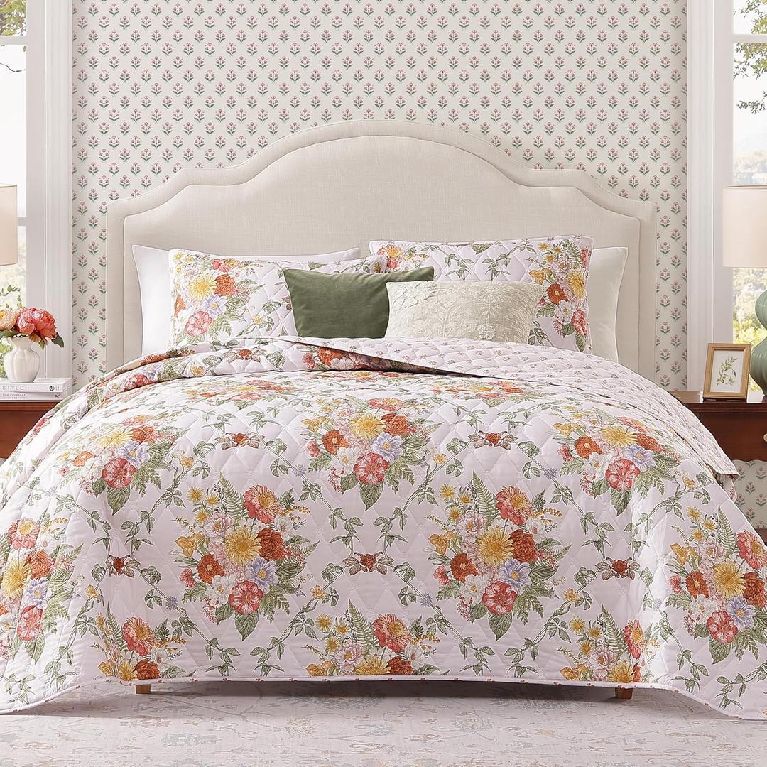 WRENSONGE Floral Quilt Set King Size, 3 Piece Reversible Lightweight Soft Bedspread Coverlet, Garden Farmhouse Botanical Diamond Stitched Bedding Set with 2 Pillow Shams for All Seasons