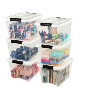 IRIS USA 19 Qt Stackable Plastic Storage Bins with Lids, 6 Pack - BPA-Free, Made in USA - See-Through Organizing Solution, Latches, Durable Nestable Containers, Secure Pull Handle - Clear/White