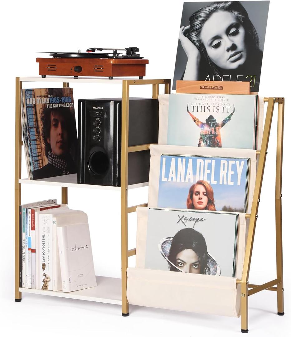 Stand for Record Player, 3 Tier Vinyl Record Storage with Now Playing Holder, Turntable Stand, Vinyl Display with Speaker Storage for Living Room, Gold/White