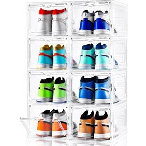 Clemate Upgraded X-Large Shoe Storage Box,8 Pack,Shoe Box Clear Plastic Stackable,Drop Front Shoe Box with Clear Door,Shoe Organizer and Shoe Containers For Sneaker Display,Fit up to US Size13
