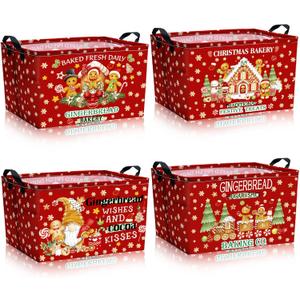 4 Pack Christmas Storage Bin Collapsible Large Christmas Gingerbread Man Storage Baskets for Gifts Canvas Laundry Basket Foldable Box with Handle for Office Home Bedroom Clothes Toys Decor