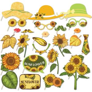25Pcs Sunflower Photo Booth Props with Stick, Yellow Sunflower Theme Selfie Props, Autumn Fall Birthday Party Supplies, Photography Backdrop Decorations