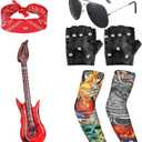 7Pcs Kids Rockstar Costume Set with Inflatable Guitar, Women's Premium Rocker Outfit Heavy Metal Accessories, Ultimate Rock Look for Halloween Party, Girls & Boys
