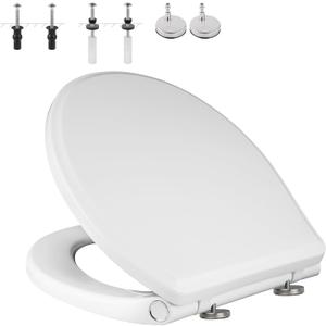 Universal Elongated Toilet Seat with Softclose Cover, One-Click to Quick Release, Compatible with TOTO/Gerber/Kohler Oval Toilet Seats, 2-Pack Toilet Bolts and Nuts, Non-Slip Toilet Bumpers, White