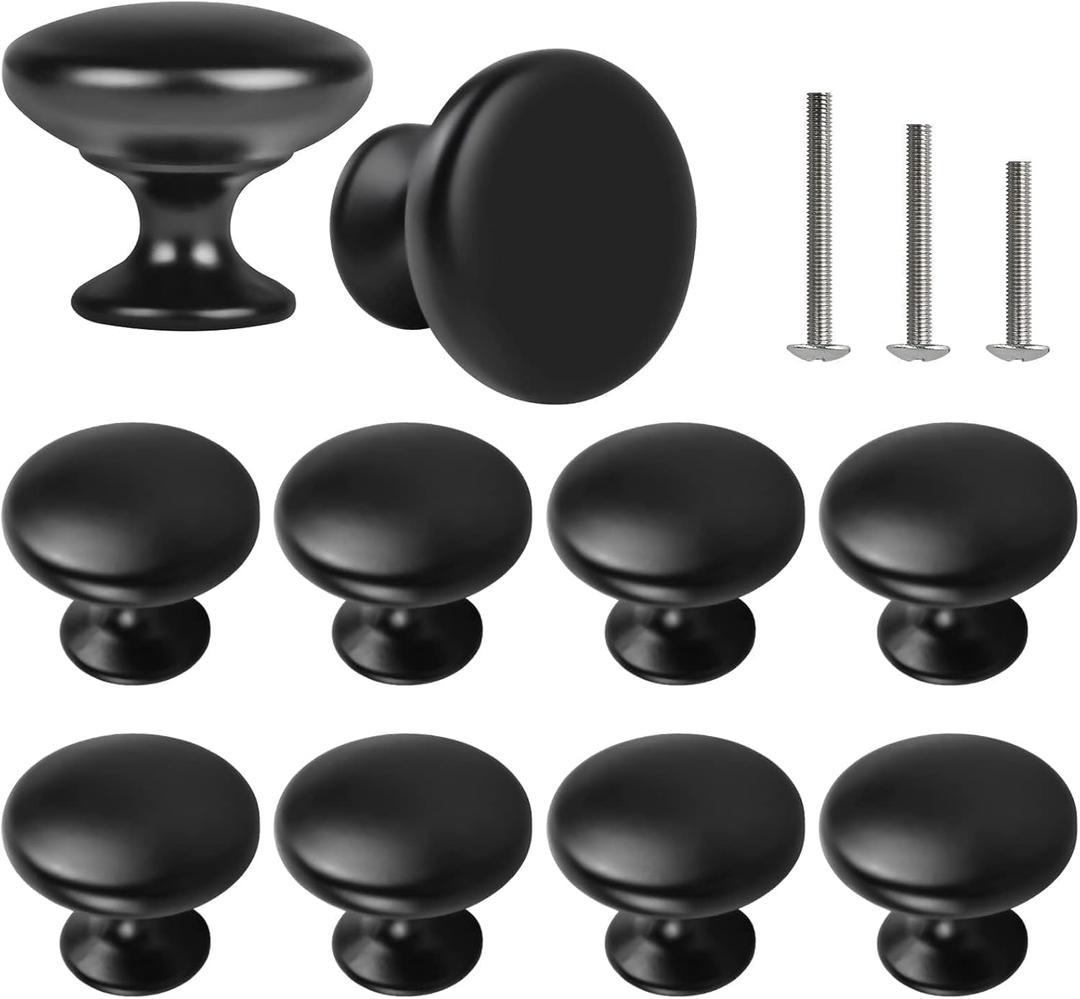 10x Matt Black Cabinet Hardware Round Mushroom Knob Drawer Handles 30mm/1.18" for Kitchen Cupboard Furniture Chest Door Dresser Bathroom