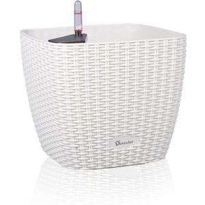 Dexceder 11x10 Self Watering Planter Indoor Outdoor, Inner Mat Design, Thickened Table Flower Plant Pot with Water Level Indicator (Ivory White Rattan)