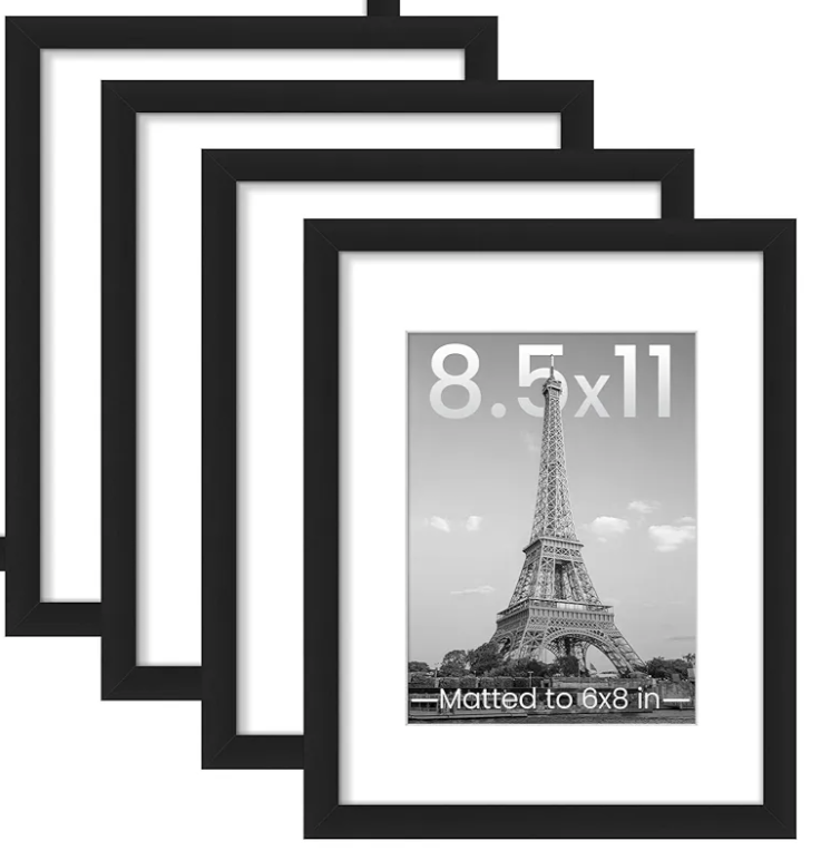upsimples 8.5x11 Picture Frame Set of 4, Display Pictures 6x8 with Mat or 8.5 by 11 Without, Wall Gallery Photo Frames, Black