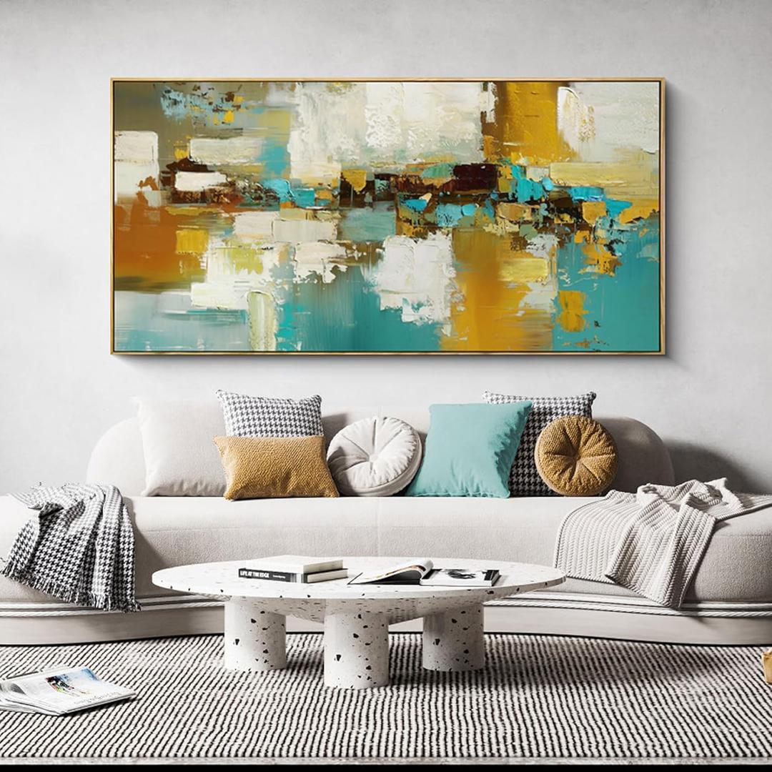 XLSJERST Large Framed Wall Art - Paintings Wall Decor Abstract Canvas Wall Art Artwork for Bedroom Huge Wall Pictures for Living Room Bedroom 24x48 Inches (Orange and cyan)