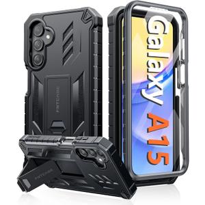 FNTCASE for Samsung Galaxy A15-5G Case: Military Grade Drop Proof Protection Phone Cover with Kickstand | Heavy Duty Rugged Full Body Protective Shockproof Matte Textured TPU Cases - 6.5 Inch (Black)