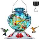 BOLITE Hummingbird Feeder, Hand Blown Glass Hummingbird Feeders for Outdoors Hanging, with Ant Moat and 5 Feeding Ports, 22 Ounces, Peony Flower Shape, Blue, Gifts for Women Men, Gifts for Mom Dad