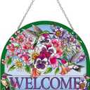 Hummingbird Stained Glass Suncatchers - Welcome Hummingbird Suncatcher, Vibrant Flowers Window Hanging, 7.8''*6.5'', Stained Glass Birds with Suction Cup, Mom Gift