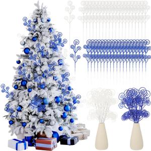 Riceshoot 50 Pcs Christmas Tree Picks and Sprays Artificial Glitter Stem Ornaments Curly Decorative Sticks for Vases Tall Candy Christmas Tree Twigs for Wedding Holiday Party Decoration(White,Blue)