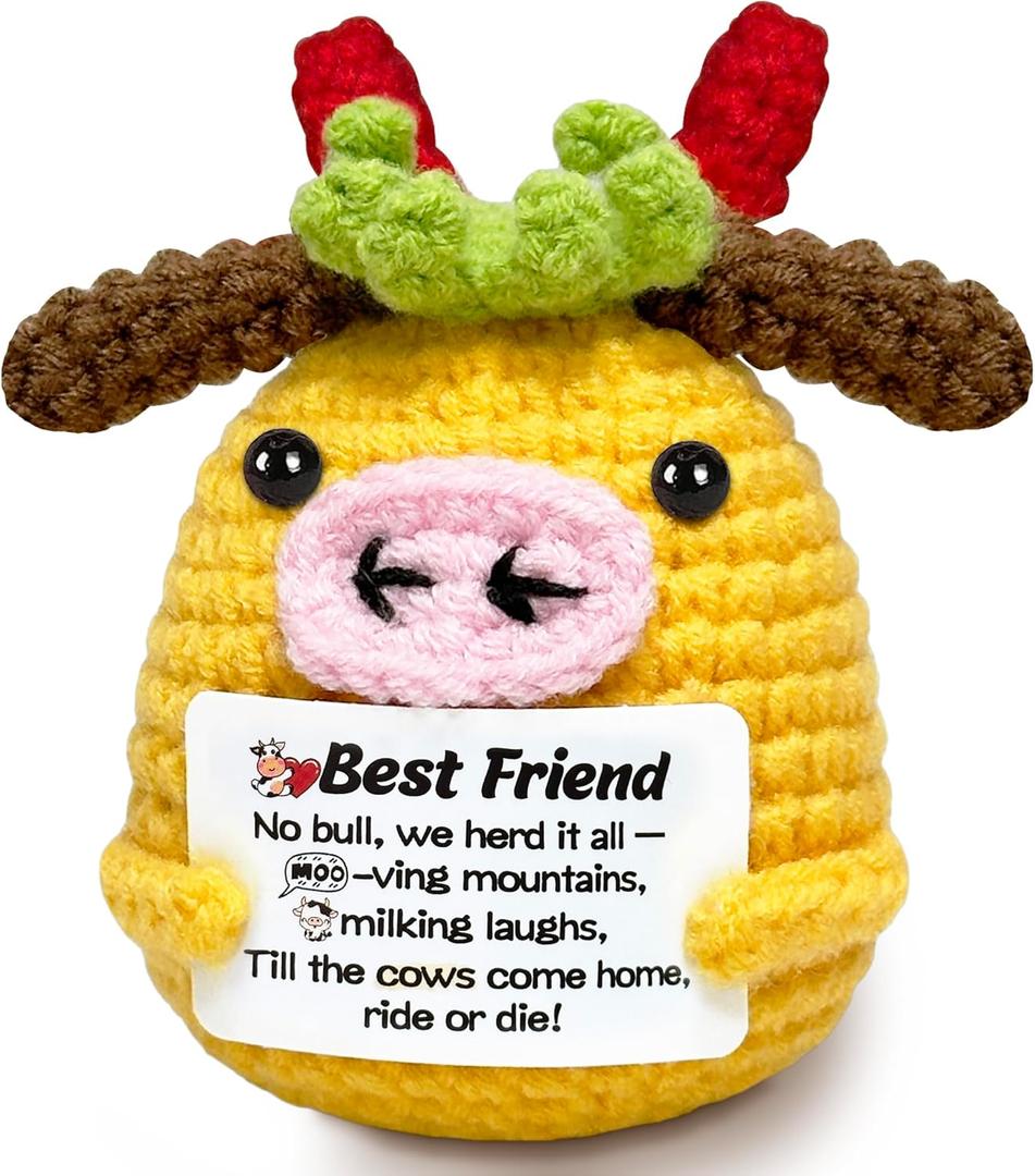 6 x Best Friend Birthday Gifts for Women - Gifts for a Friend Moving Away Gift for Women Graduation, Work, Retirement, Leaving Present for Men, Positive Cow Crochet Emotional Support
