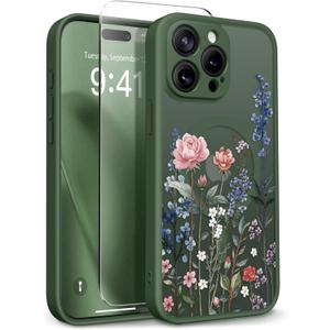 GVIEWIN for iPhone 15 Pro Case Compatible with MagSafe, [Military Grade Protection] [Screen Protector] Full Camera Protection Floral Translucent Women Magnetic Phone Case, Lush Garden/Forest Green