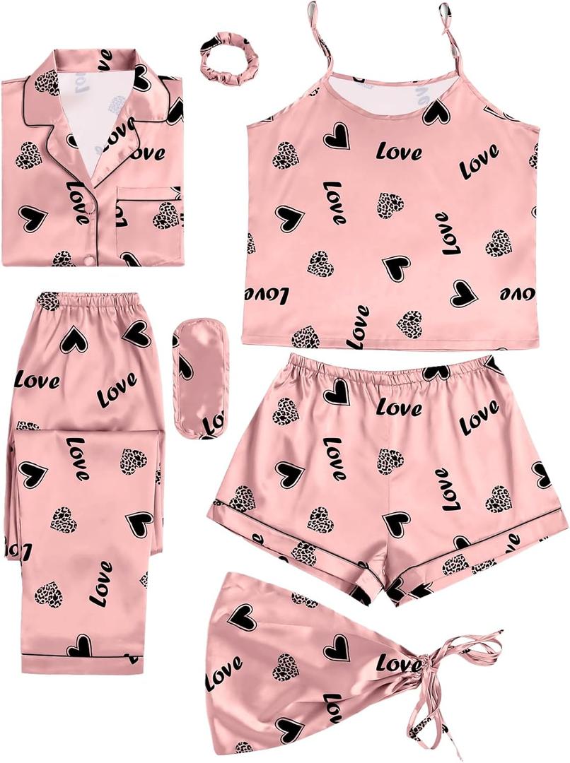 LYANER Women's Pajamas Set 7pcs Silk Satin Sleepwear Loungewear Cami Shirt Pj Set (Heart Pink), S