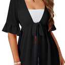 LYANER Women's V Neck Flounce Half Sleeve Tie Knot Front Coverup Beach Cardigan Blouse (X-Large, Black)