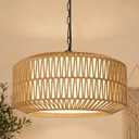 Farmhouse Chandelier Light Fixture, 5-Light Rattan Boho Chandeliers for Dining Room, Hand Woven Pendant Light with Linen Shade, Rustic Hanging Lighting for Kitchen Island, Bedroom (Bulb Not Included)