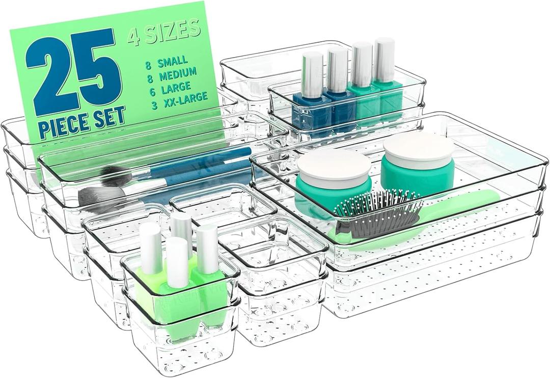 Yieach 25 Pc Clear Plastic Drawer Organizer Set,4 Sizes In Drawer Organizer Trays for Bathroom,Office,Kitchen Cabinet and Vanity Organizers,Desk Drawers Organizer Bin for Jewelry,Cosmetic,Utensil,Junk