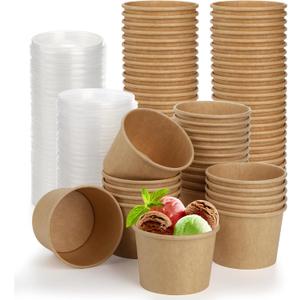 Lyellfe 100 Pack Disposable Ice Cream Bowls, 8 Oz Heavy Duty Kraft Paper Bowl with Lids, To Go Soup Container Dessert Cups for Yogurt, Cold and Hot
