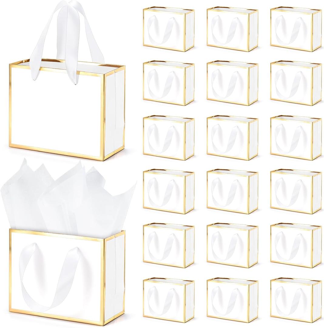 EQOREIIN 50 Pcs Small Metallic Foil Gift Bags with Handles, White Gold Thank You Favor Bag with Tissue Paper for Back to School Baby Shower Wedding Mother's Day Christmas Party (6.4x3.1x5.1 Inch)