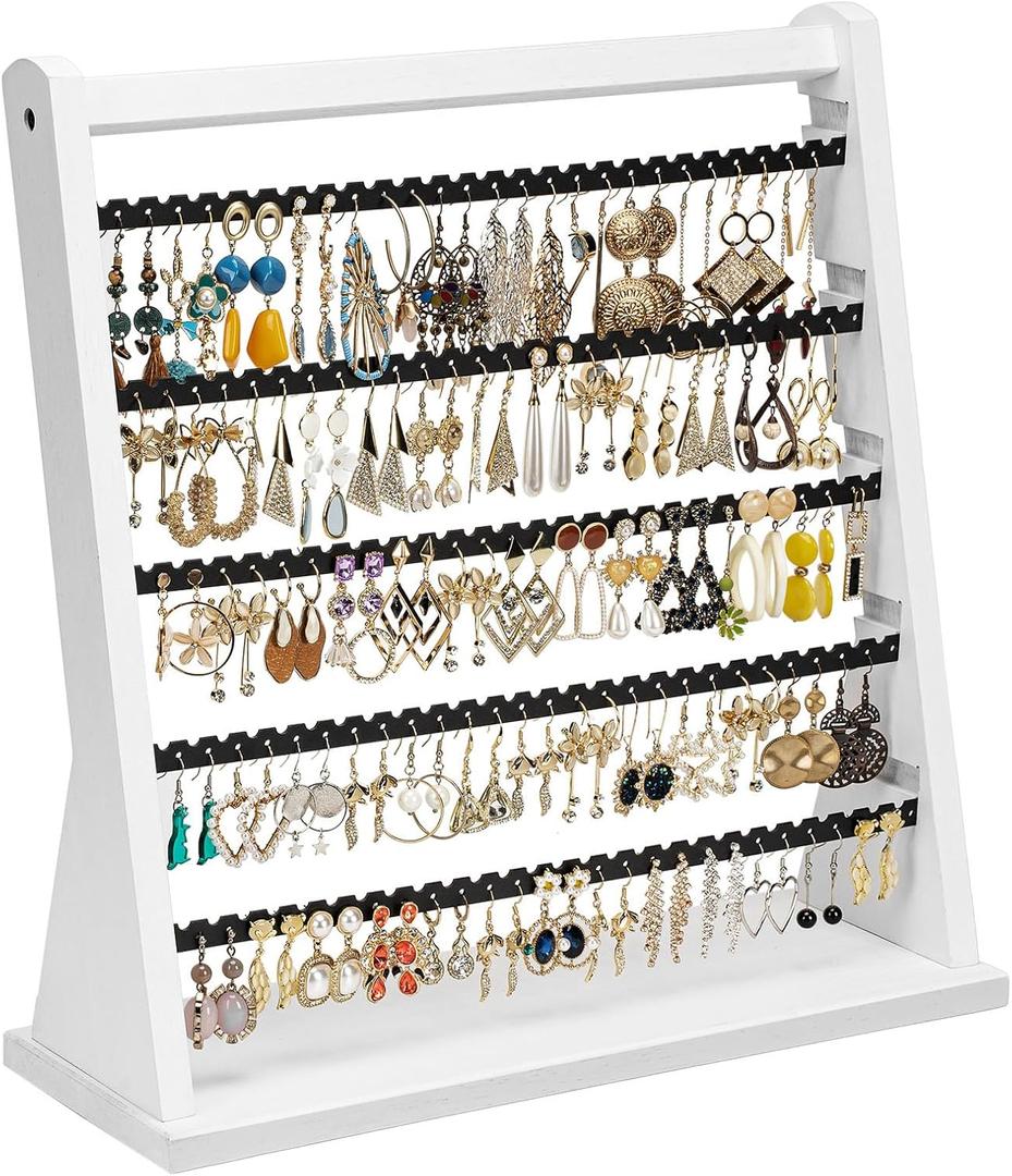 Earring Holder Organizer, Rustic Wood Earring Holder Stand, 5 Layer Jewelry Holder Organizer with 270 Earring Tree Holes Display Rack for Stud Earings & Hoop Earrings, Gifts for Women (Weathered White)
