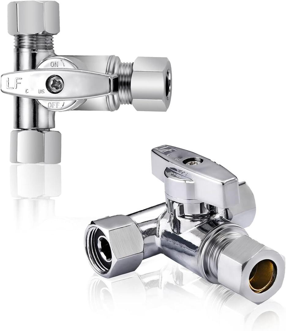 Lead-Free Brass 1Pcs Chrome-Plated Add-A-Tee 3-Way,3/8 Inch x 3/8 Inch x 1/4 Inch Angle Stop Valve For Reverse Osmosis Water Filters,Ice Maker,Refrigerator
