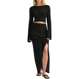 Fisoew Womens 2 Piece Swimsuit Coverup Summer Hollow Out Crop Tops Maxi Skirt Sets Bathing Suit Beach Vacation Outfits (Small, Black)