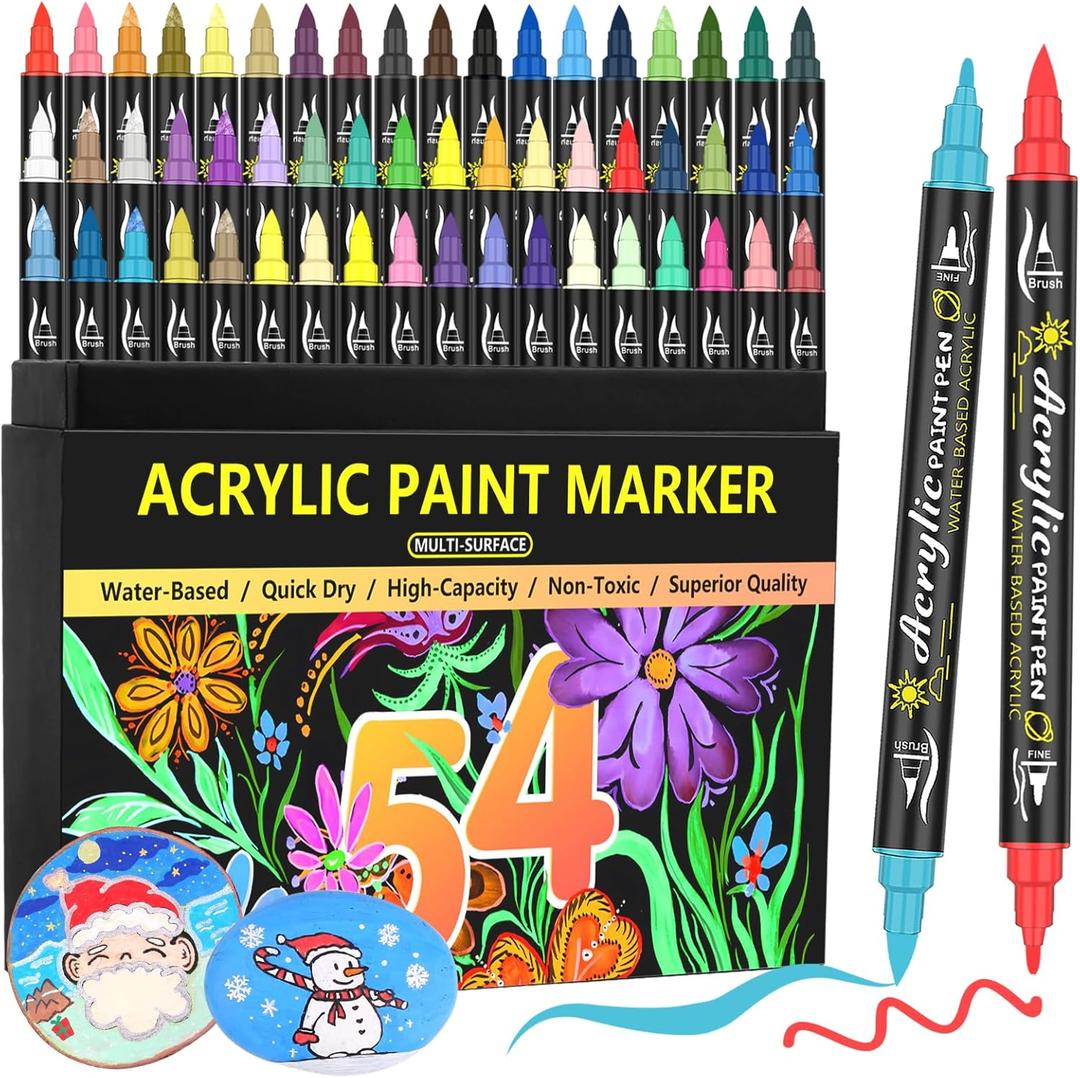 54-Color Acrylic Paint Pens - Dual Tip Paint Markers With Fine & Brush Tips, Premium for Stone, Canvas, Rock Painting, DIY Craft Art Supplies, Glass