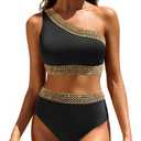 Women Black High Waisted Bikini Set - One Shoulder Two Piece Swimsuits Full Coverage Bathing Suits Swimwear Bottom M