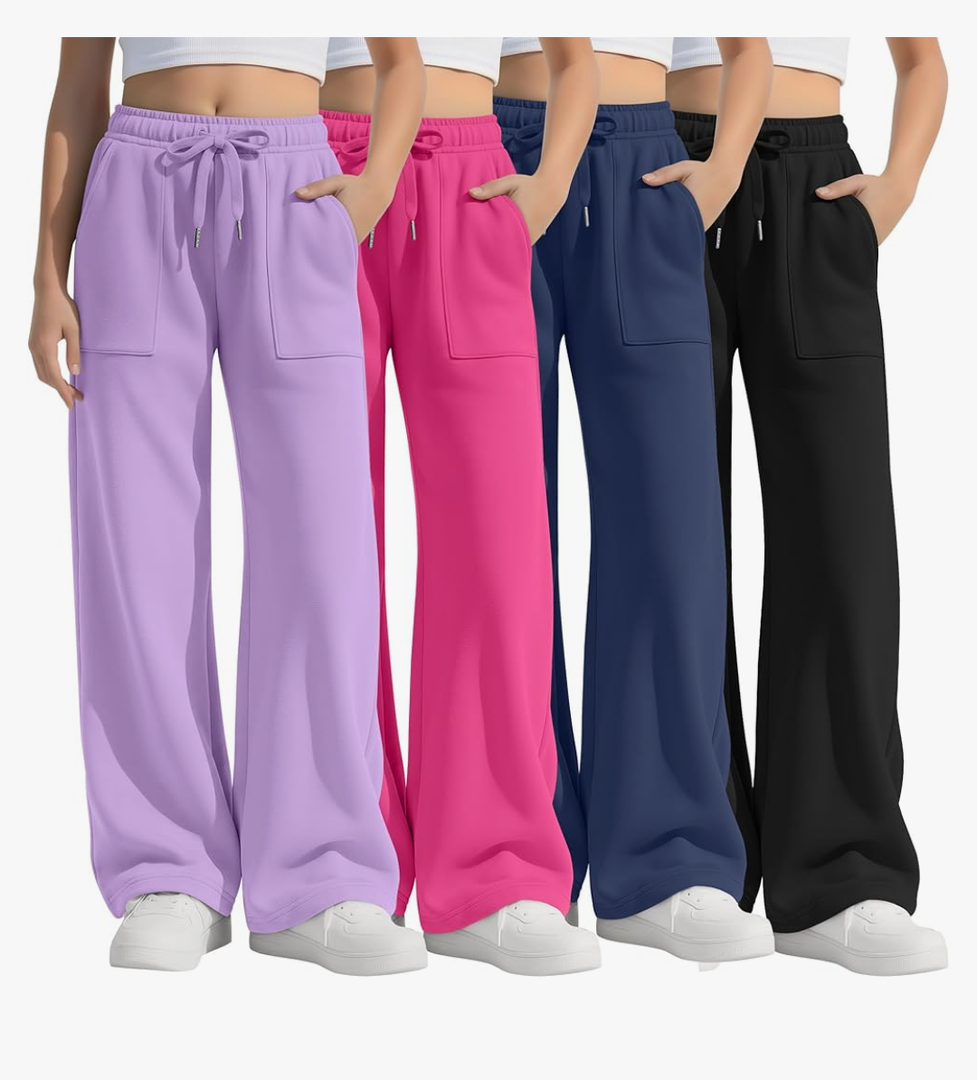 4 Pack Girls' Wide Leg Pants Drawstring Baggy Sweatpants Teen Loose Open Bottom Joggers with Pockets 5-16 Years