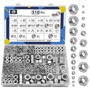 ZQZ 510 Pcs 2 in 1 SAE and Metric Stainless Steel Hex Nut Assortment Kit, 2#56 4#40 6#32 8#32 10#24 10#32 12#24 1/4-20 5/16-18 3/8-16 7/16-14 1/2-13 M2 M2.5 M3 M4 M5 M6 M8 M10 M12 Hardware Nuts Set