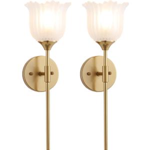 Gold Wall Sconce Set of 2 with Frosted Glass Shades Modern Mid Century Bathroom Vanity Wall Light Fixtures Industrial Brushed Brass Wall Lamp for Bedroom Mirror Living Room Restaurant