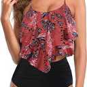 Womens Tankini Swimsuits Ruffled Tank Top Tummy Control Floral Modest Swimwear High Waisted Bikini, S